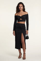 Black Off-shoulder Twist-front Crop Top and High-slit Midi Skirt Set - Crop top and skirt - Photo 5