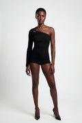 Black One-shoulder Ribbed Top with Gold Ring Detail - One shoulder top - Photo 1