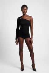Black One-shoulder Ribbed Top with Gold Ring Detail - One shoulder top - Photo 1