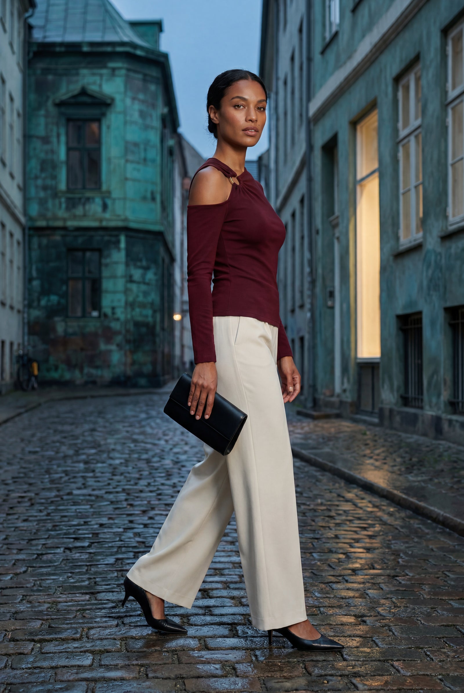 Burgundy One-shoulder Ribbed Top with Gold Ring Detail - One shoulder top - Photo 10