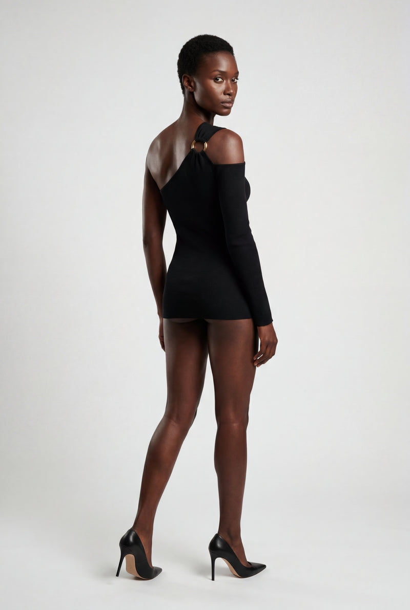 Black One-shoulder Ribbed Top with Gold Ring Detail - One shoulder top - Photo 2