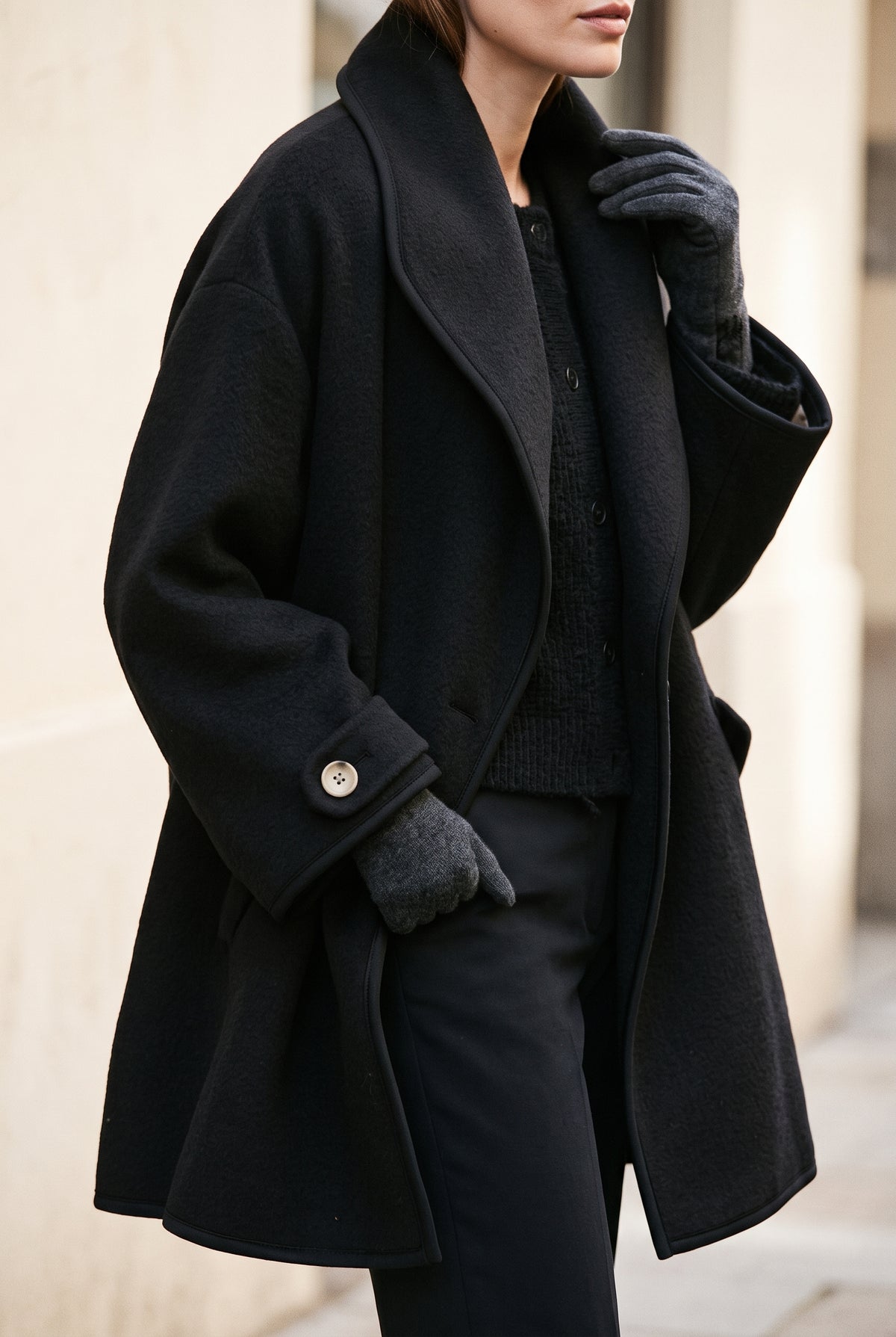 Open-Front Wool Coat in Black — studio front