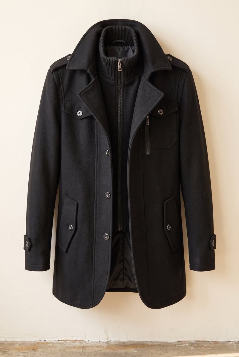 Overcoat with Knit Collar in Black — studio front