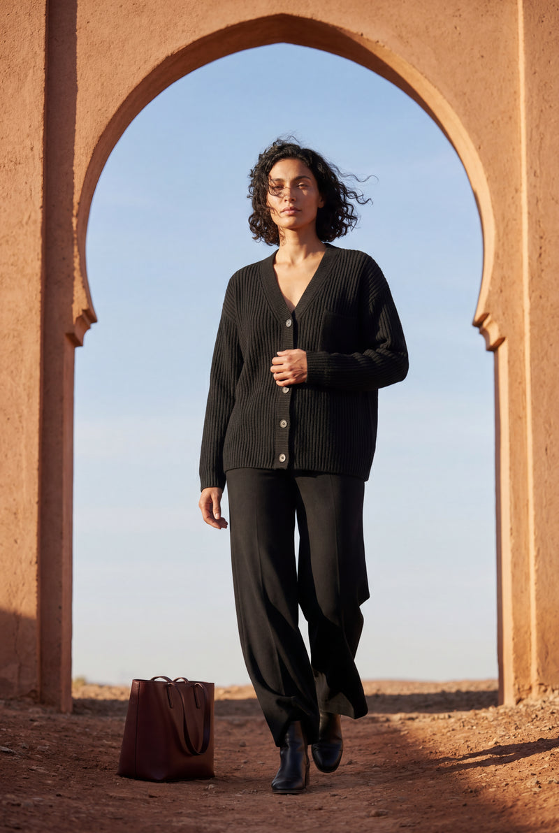 Black Oversized Ribbed Button-up Cardigan with Deep V-neck - Oversized cardigan - Photo 1