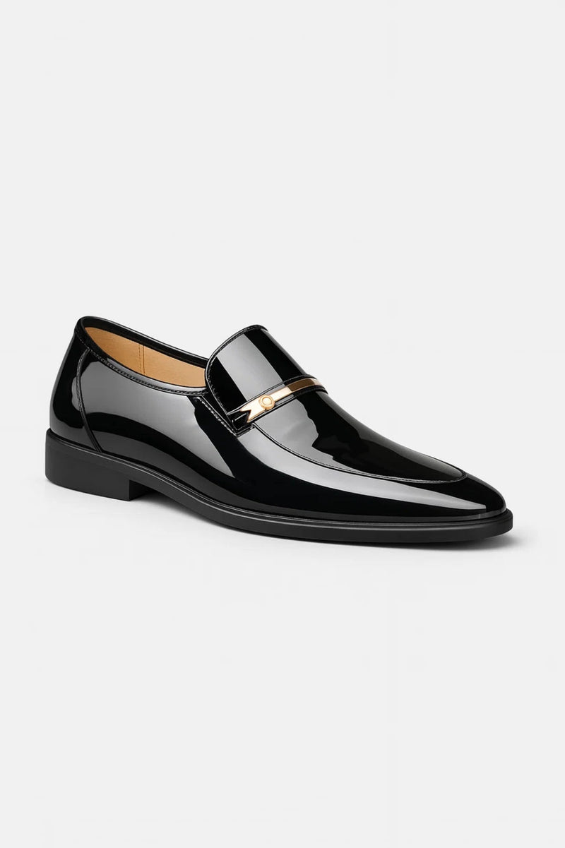 Black Patent Slip-on Loafers with Metal Bar Detail - Photo 2
