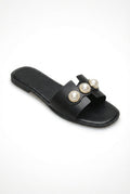Black Pearl Embellished Wide Strap Slide Sandals - Photo 1