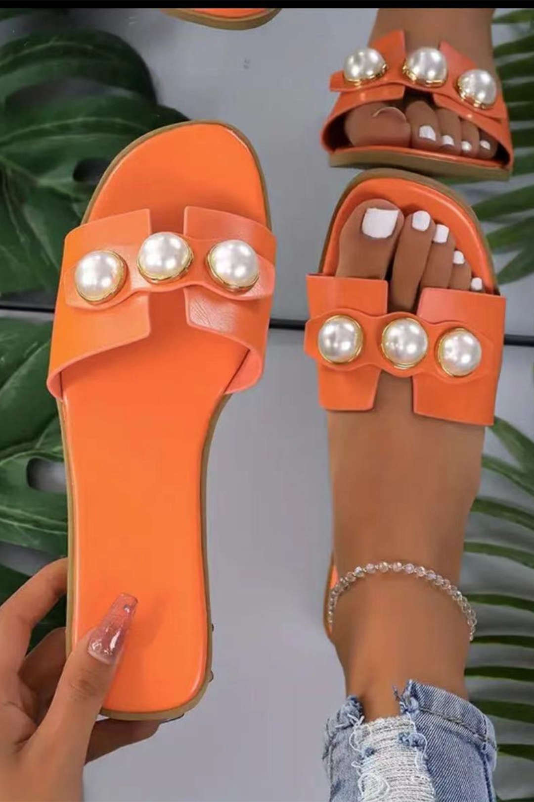 Pearl Embellished Wide Strap Slide Sandals - Photo 5