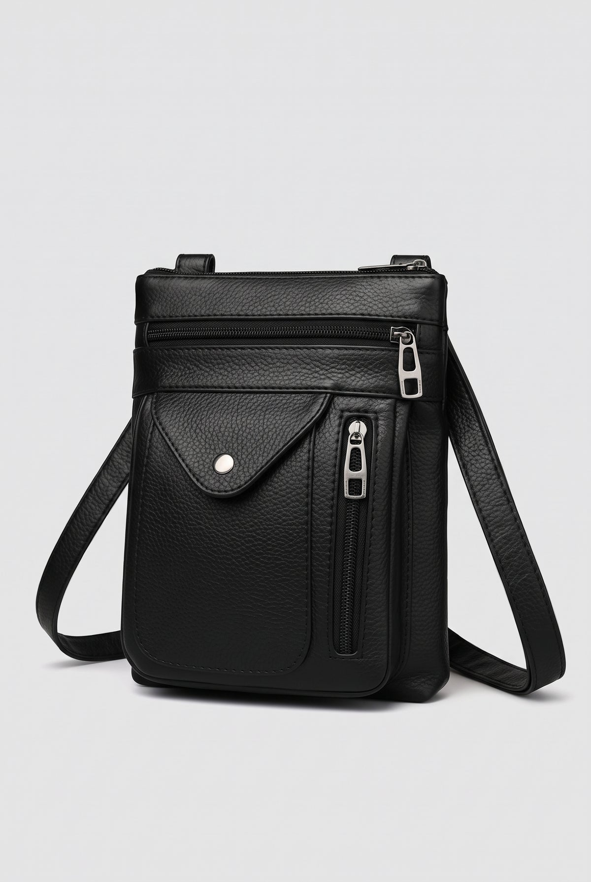 Pebbled Faux Leather Crossbody Bag in Black — studio front
