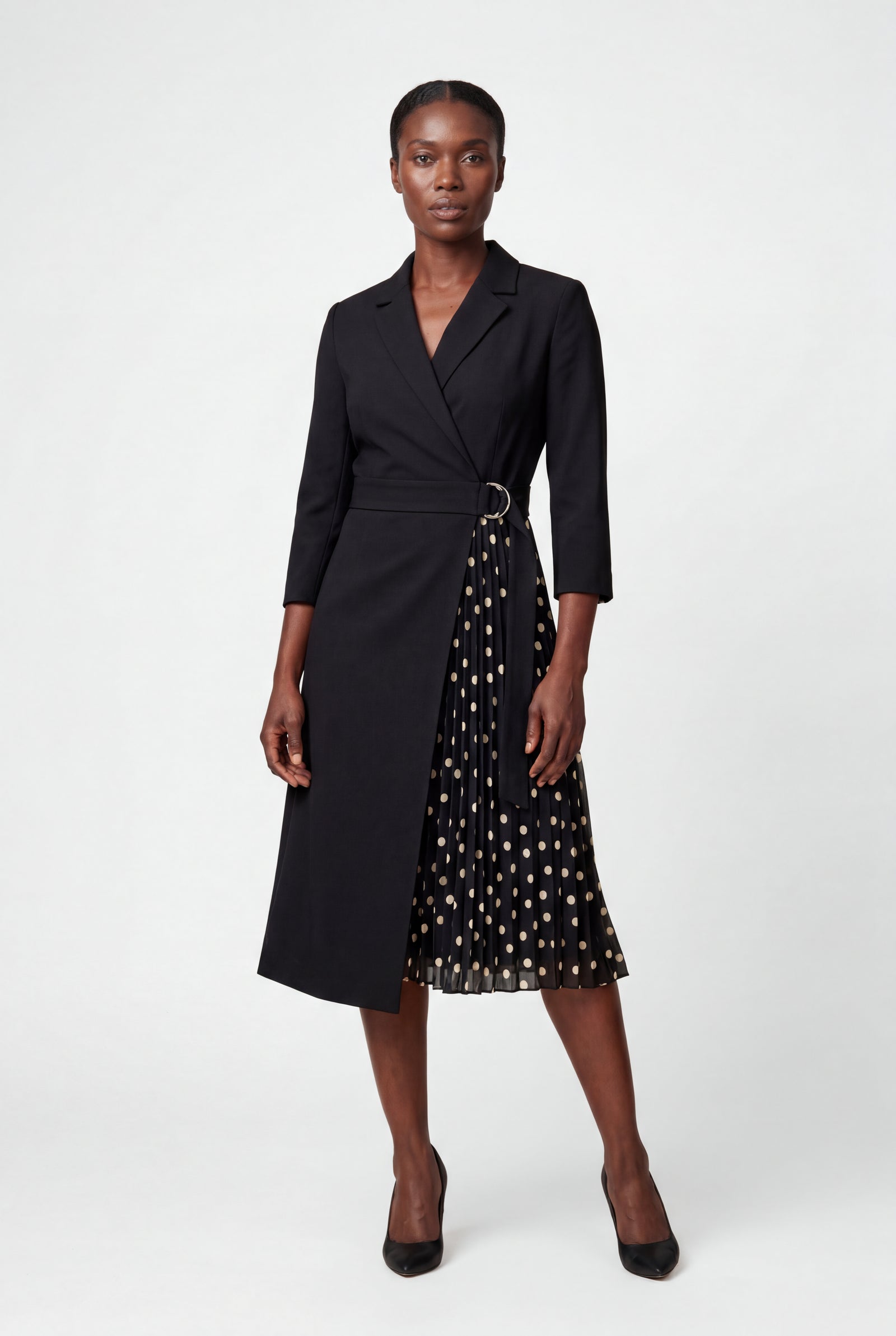 Black Pleated Wrap Blazer Dress with Three-quarter Sleeves - Photo 7