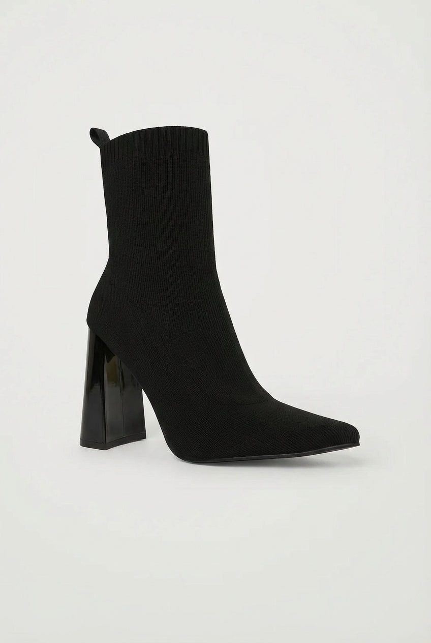 Black Pointed Toe Sock Fit Block Heel Ankle Boots - Photo 1