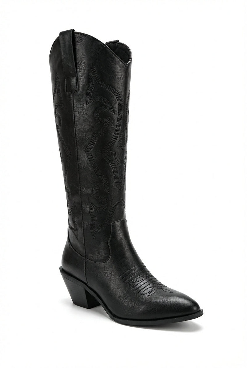 Black Pointed Toe Tall Western Cowboy Boots with Block Heel - Photo 1
