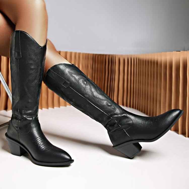 Pointed Toe Tall Western Cowboy Boots with Block Heel - Photo 2
