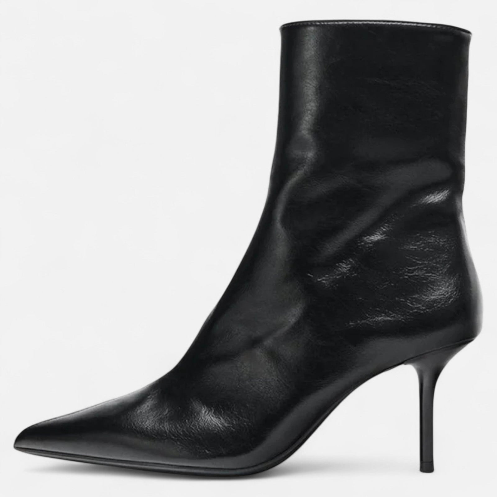 Black Polished Black Pointed Toe High Heel Ankle Boots - Photo 6