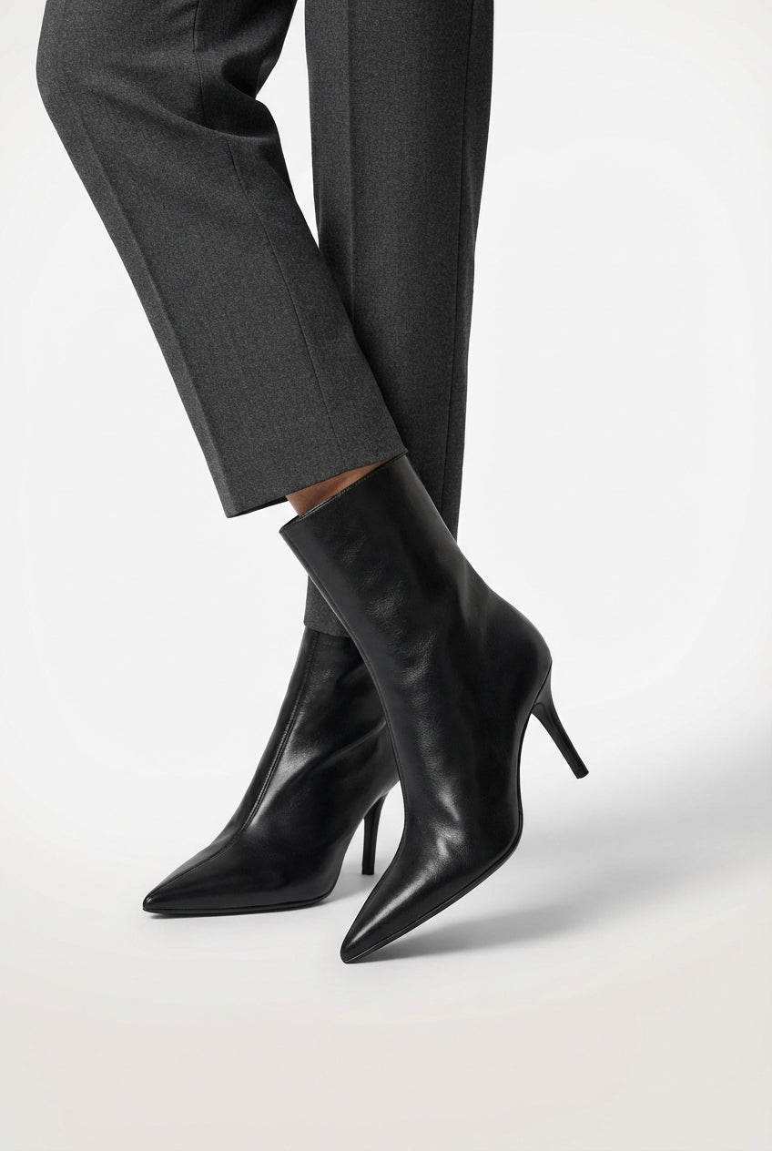 Black Polished Black Pointed Toe High Heel Ankle Boots - Photo 9