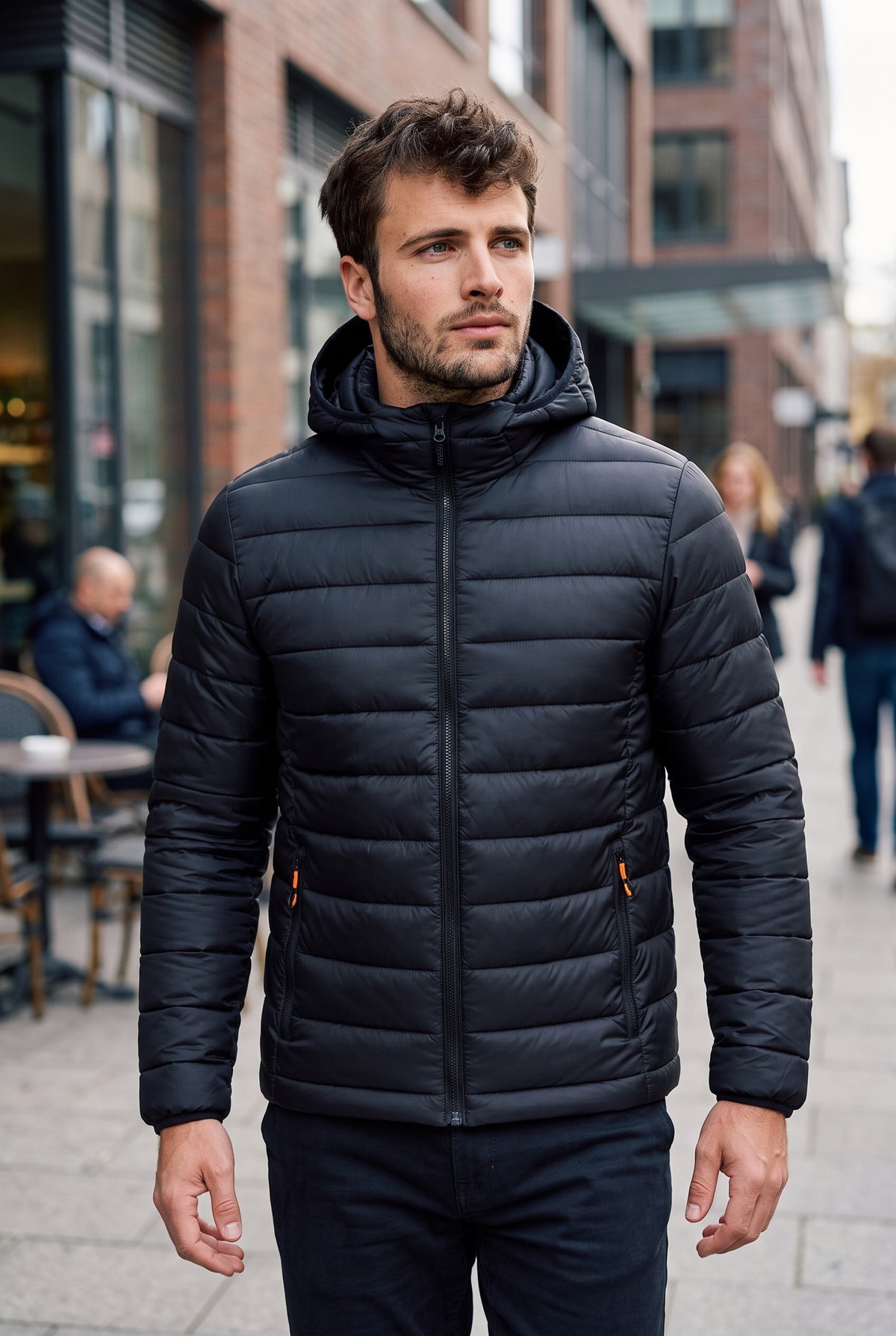 Polyester Hooded Puffer Jacket in Black — lifestyle