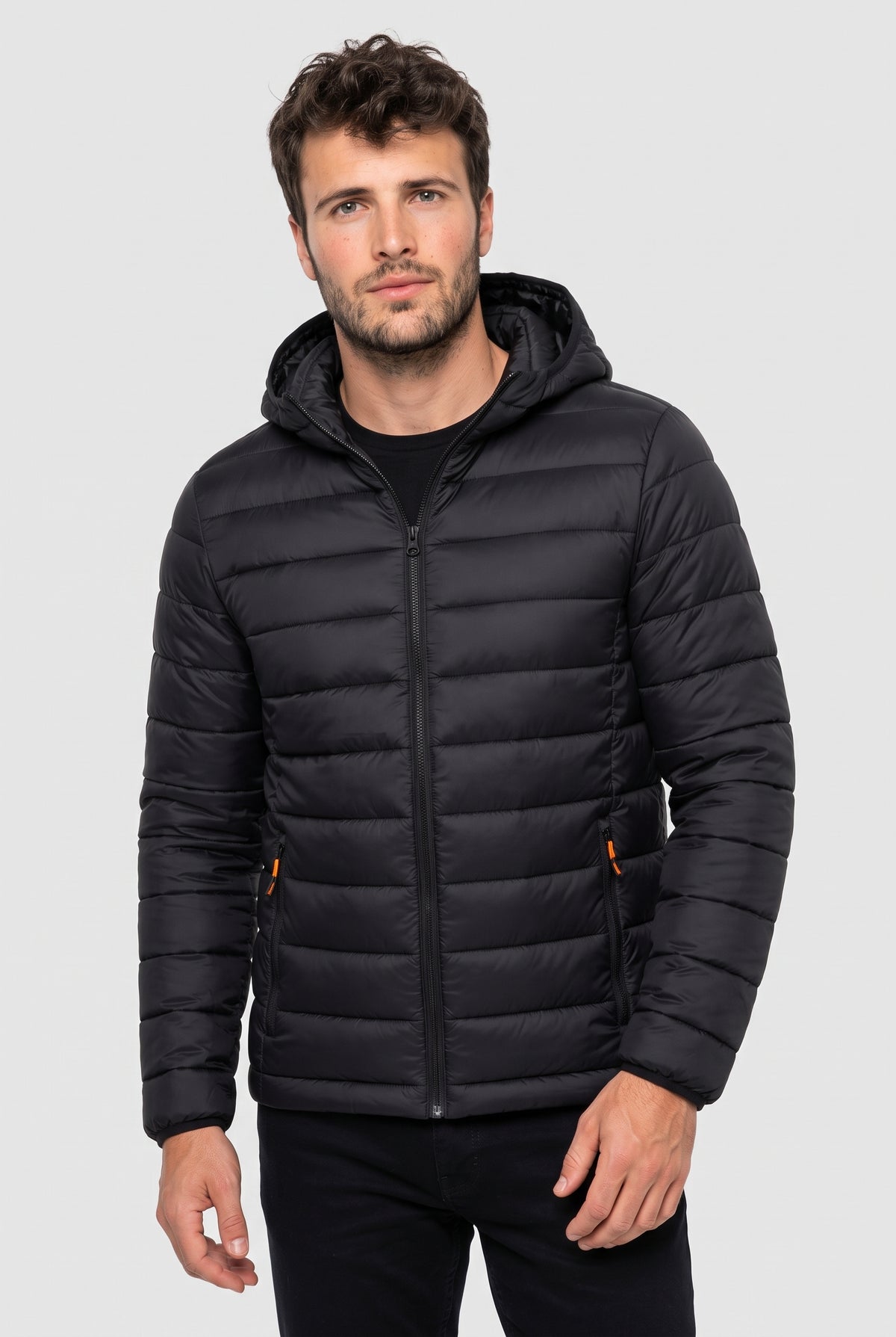 Polyester Hooded Puffer Jacket in Black — studio front