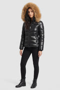 Puffer Jacket Faux Fur Hood in Black — studio front