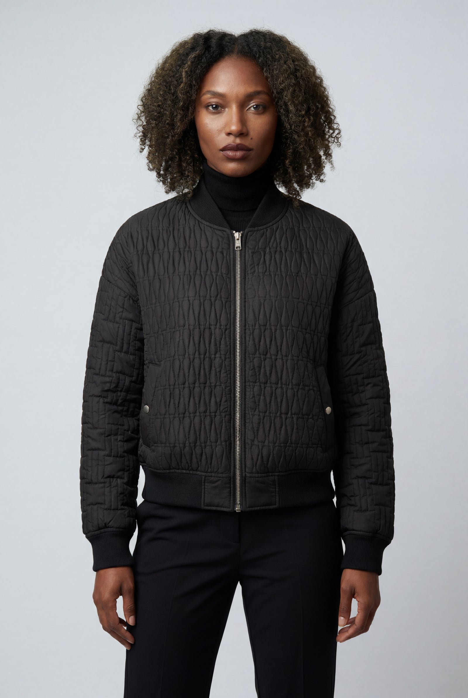 Black Quilted Bomber Jacket with Ribbed Trim - Photo 5