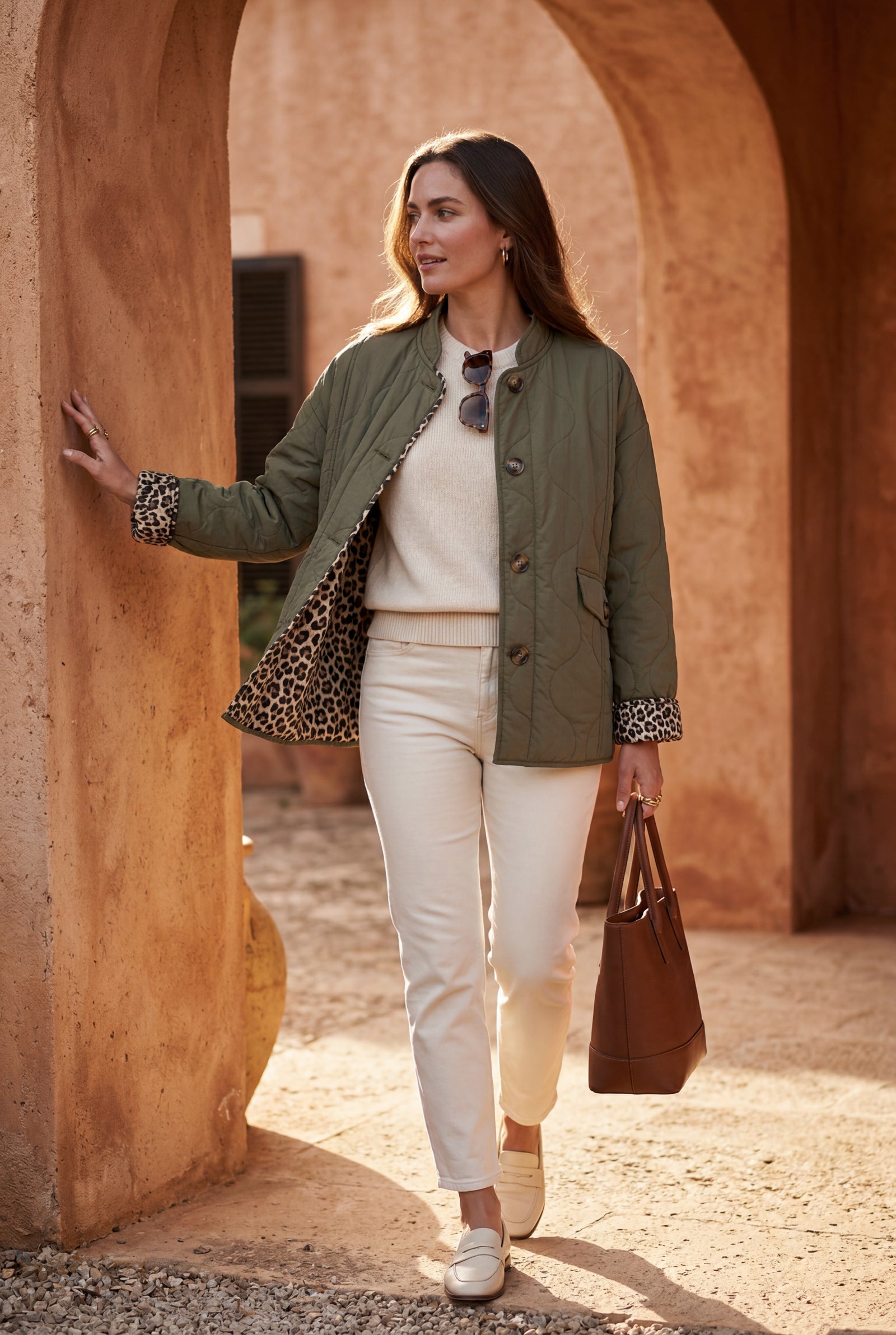 Olive Quilted Button-front Jacket with Leopard Print Cuffs - Casual jackets - Photo 4