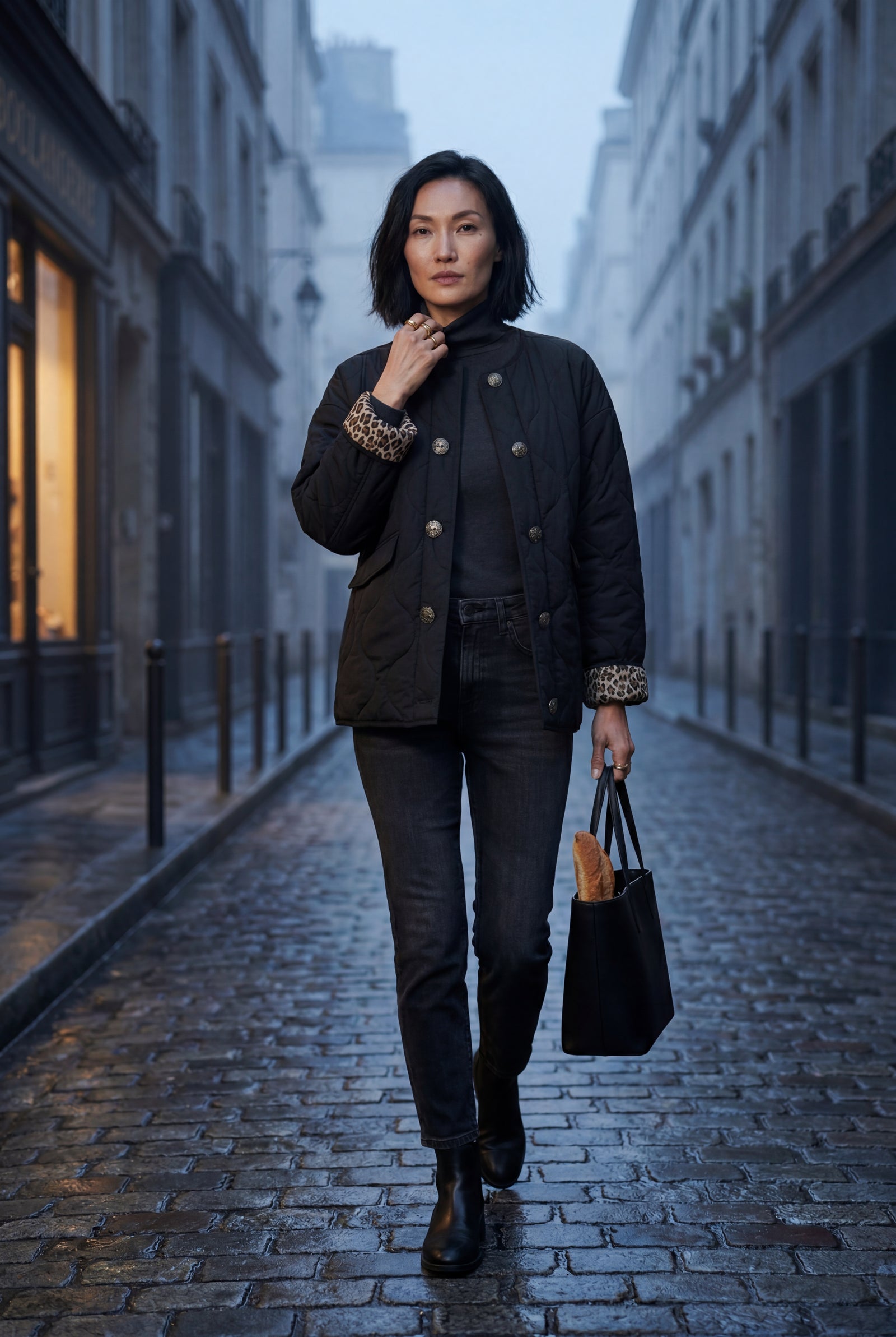 Black Quilted Button-front Jacket with Leopard Print Cuffs - Casual jackets - Photo 6