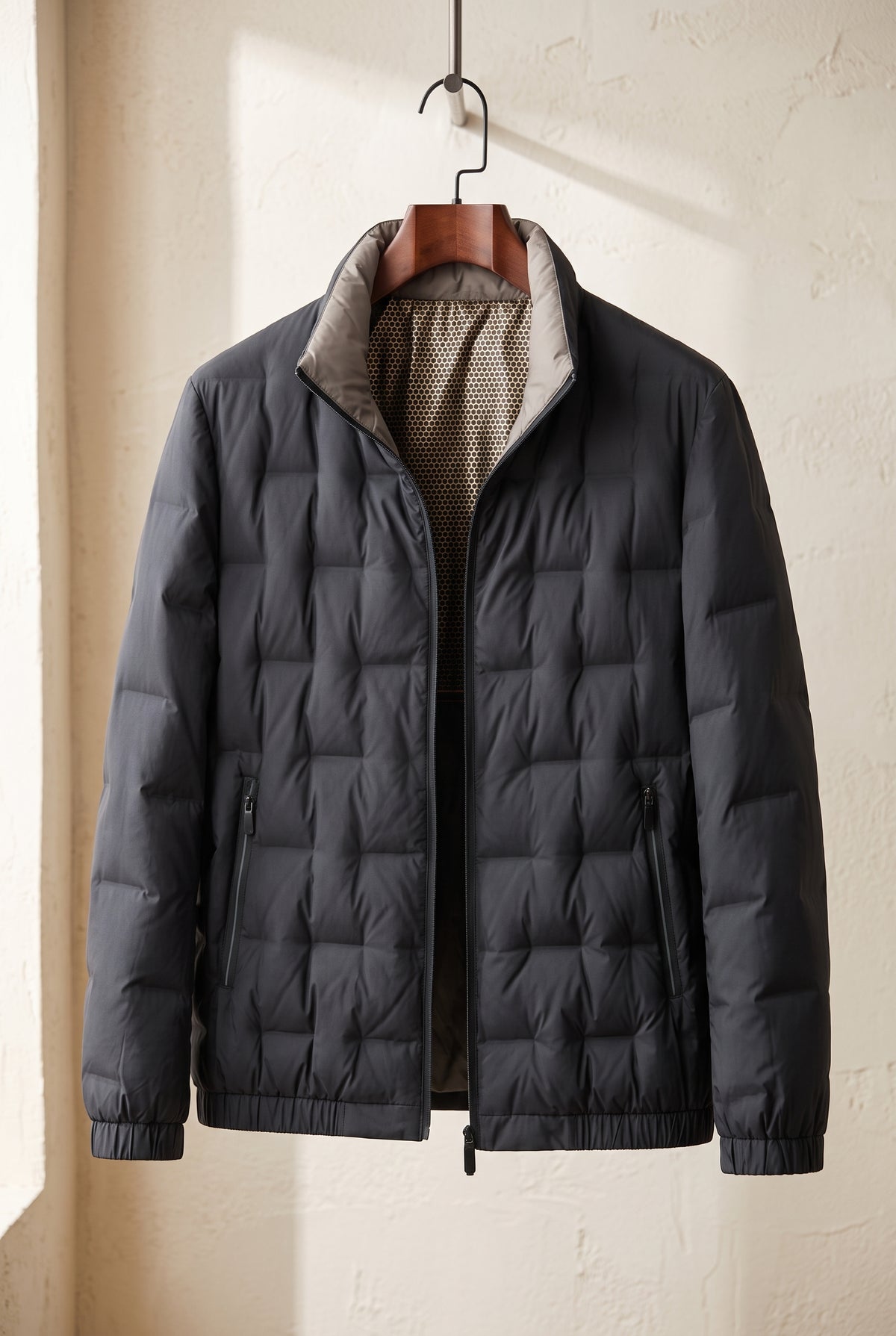 Quilted Hip-Length Puffer Jacket in Black — studio front