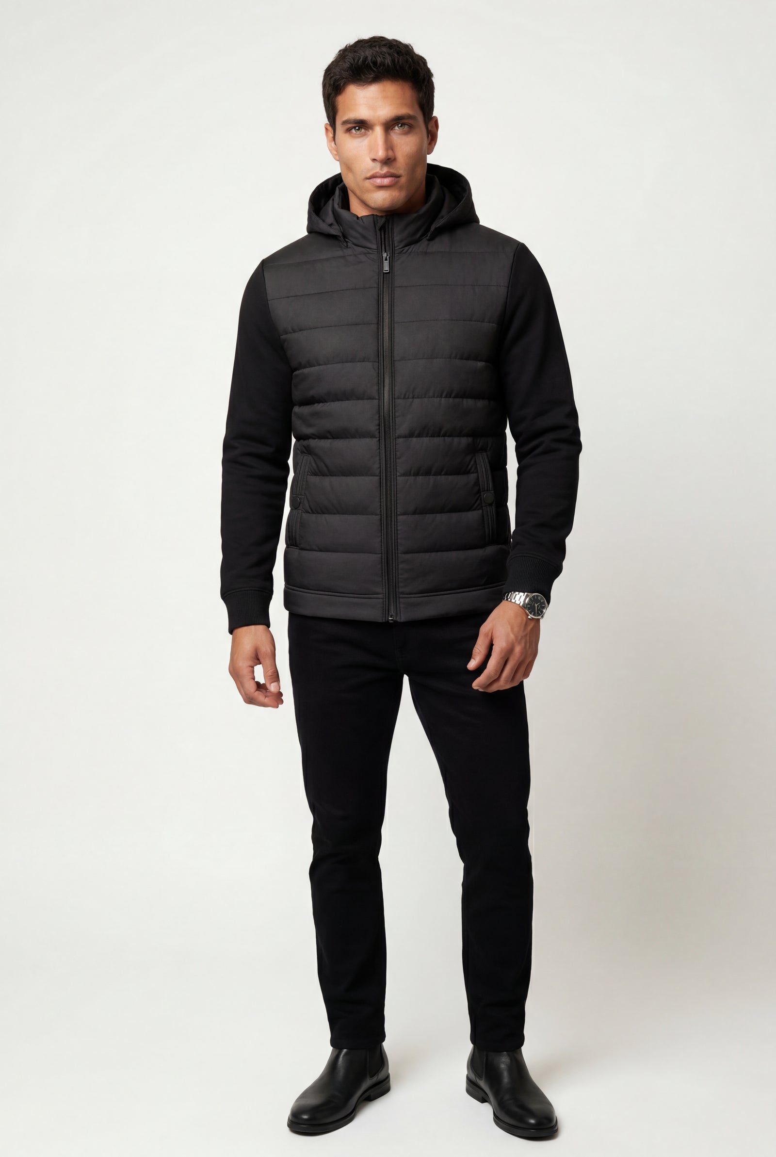 Black Quilted Hooded Hybrid Jacket with Sleeves - Hooded jackets - Photo 5