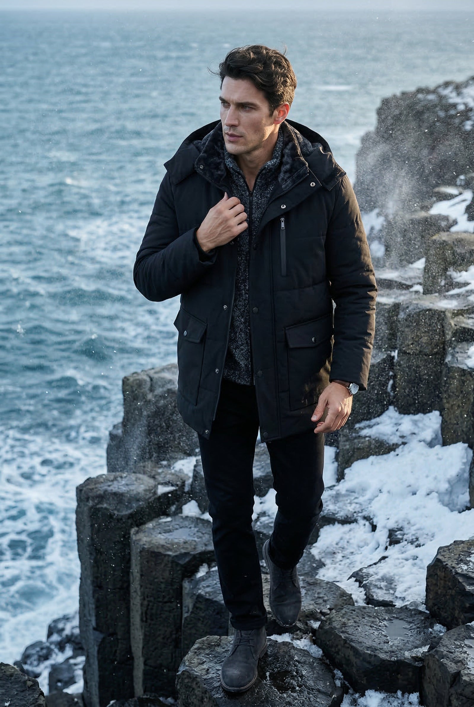 Black Quilted Hooded Parka Jacket with Storm Placket - Winter jackets - Photo 2