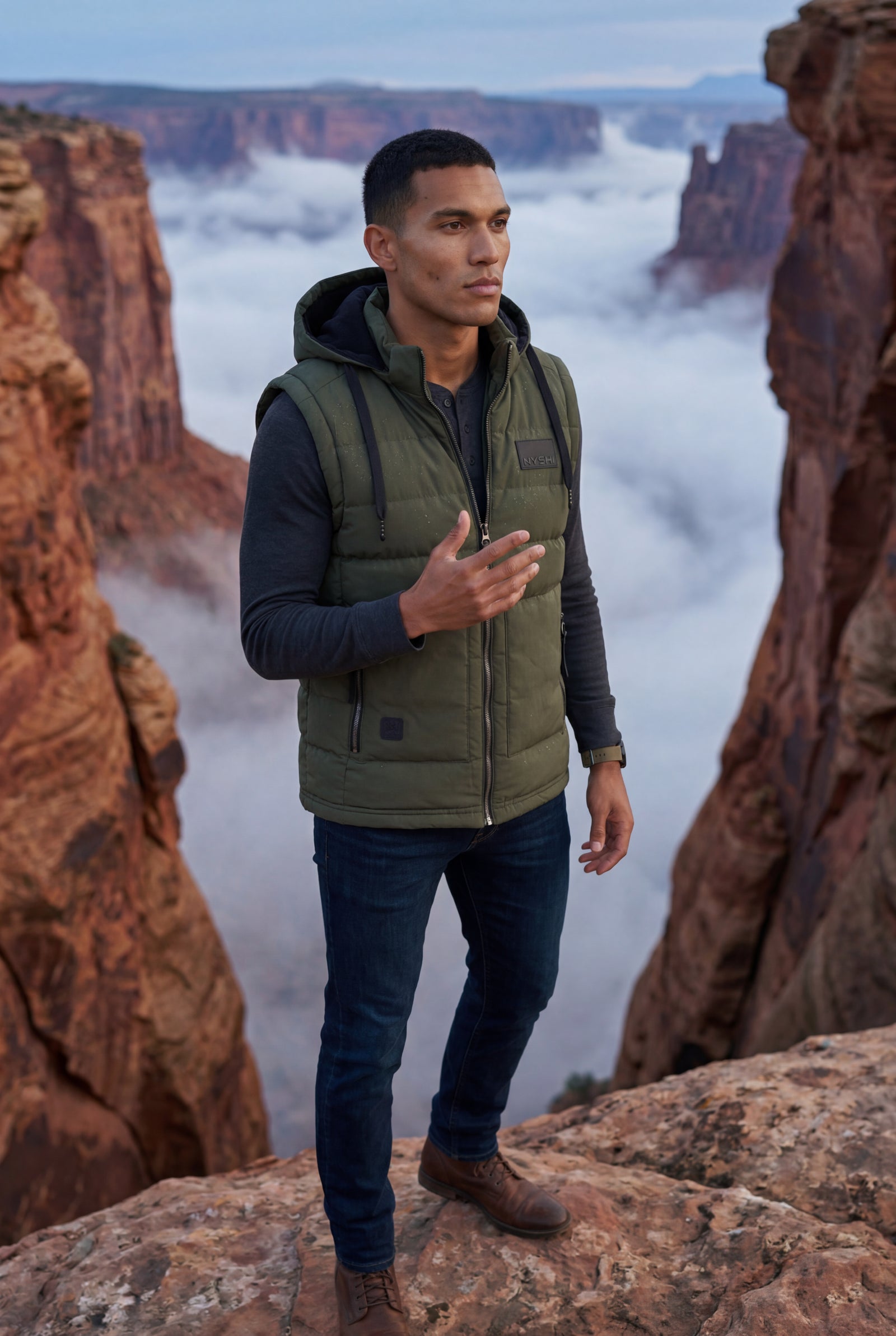 Army Green Quilted Hooded Puffer Vest with Zip Pockets - Hooded vests - Photo 10