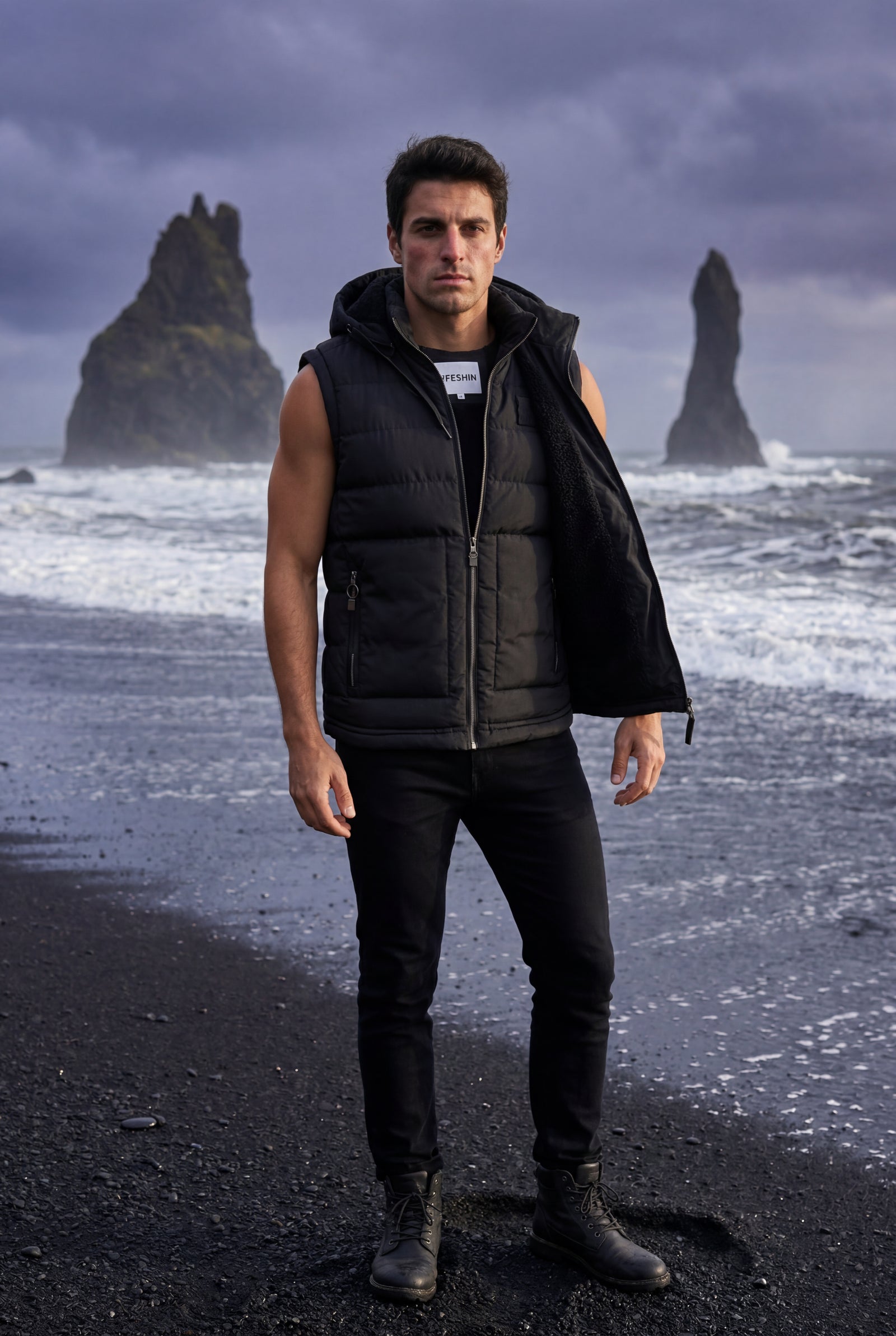 Black Quilted Hooded Puffer Vest with Zip Pockets - Hooded vests - Photo 16