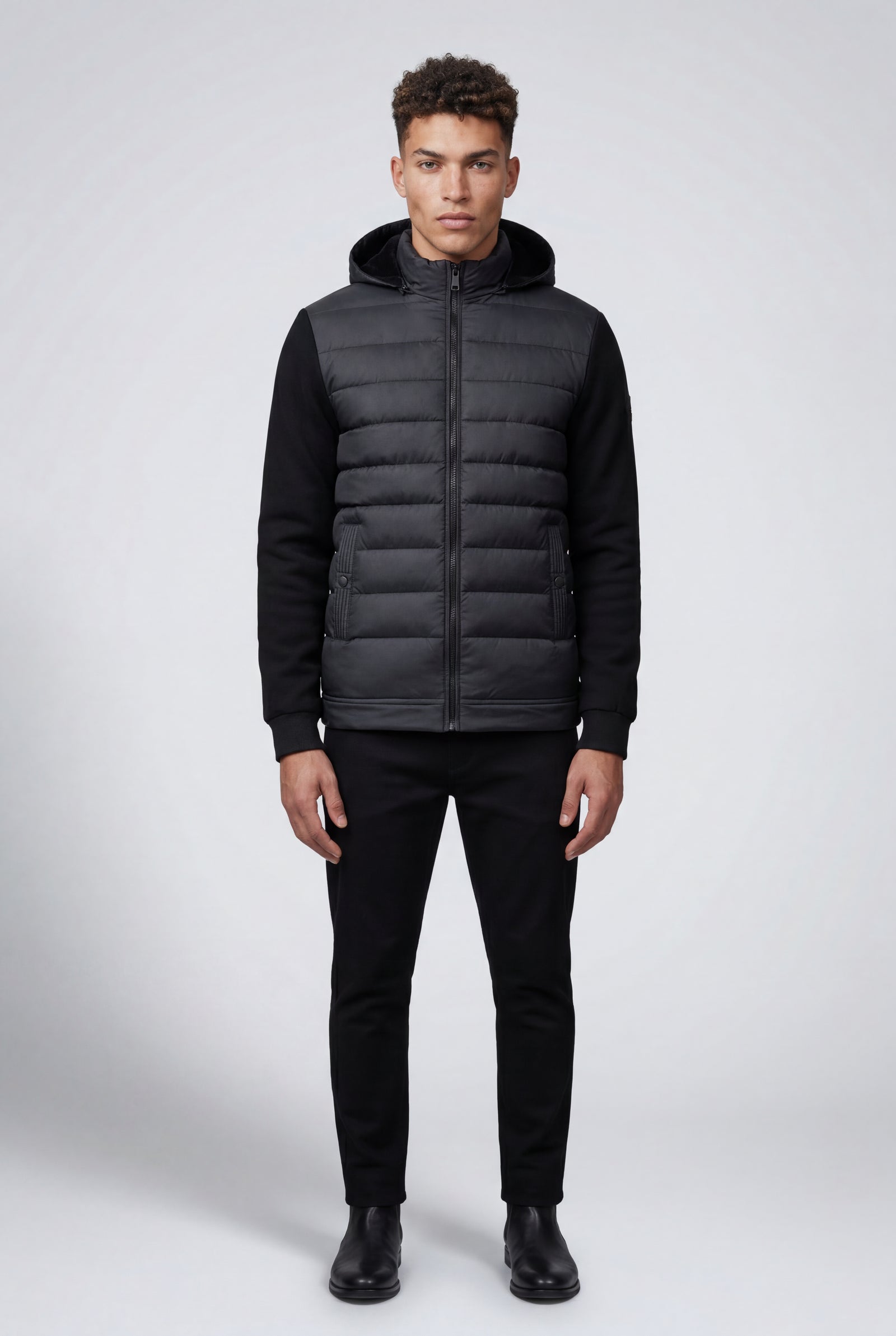 Black Quilted Hybrid Puffer Jacket with Sleeves and Hood - Photo 1