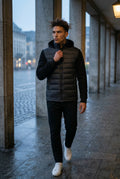 Black Quilted Hybrid Puffer Jacket with Sleeves and Hood - Photo 2