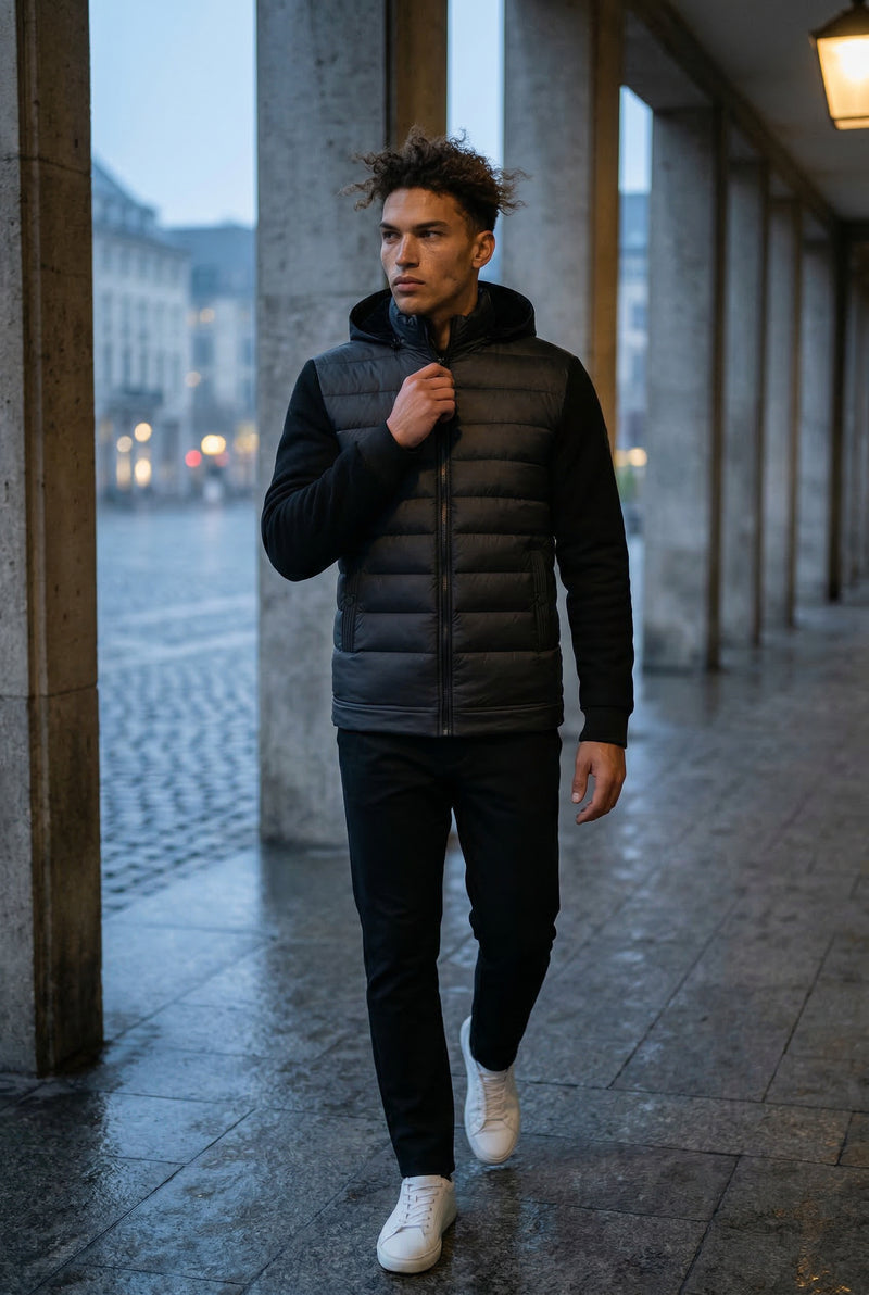 Black Quilted Hybrid Puffer Jacket with Sleeves and Hood - Photo 2