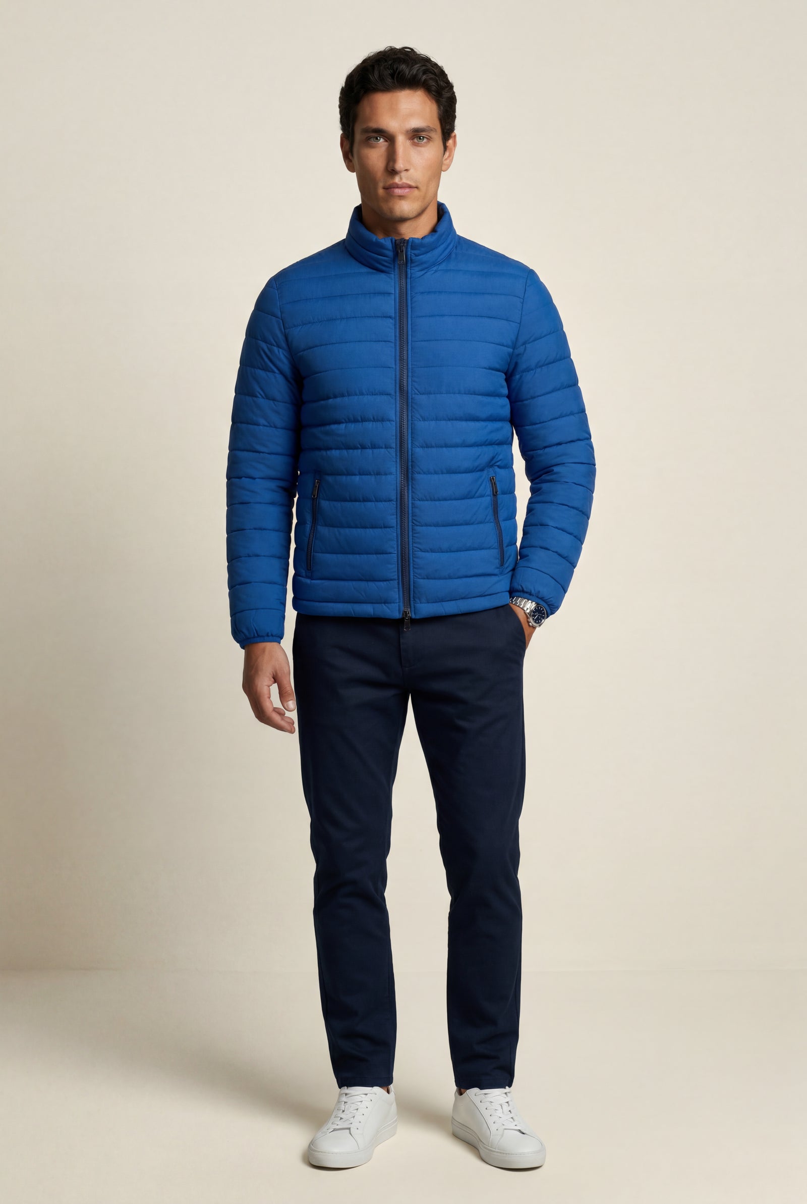 Blue Quilted Stand Collar Lightweight Puffer Jacket - Lightweight jackets - Photo 8