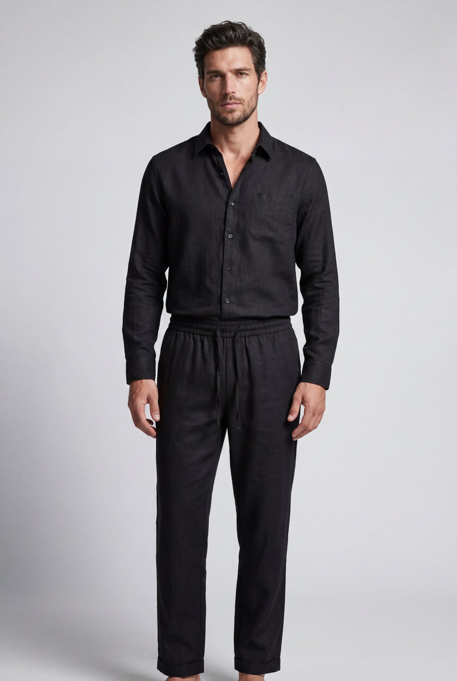 Black Relaxed Button-down Shirt and Drawstring Trouser Set - Shirt set - Photo 12