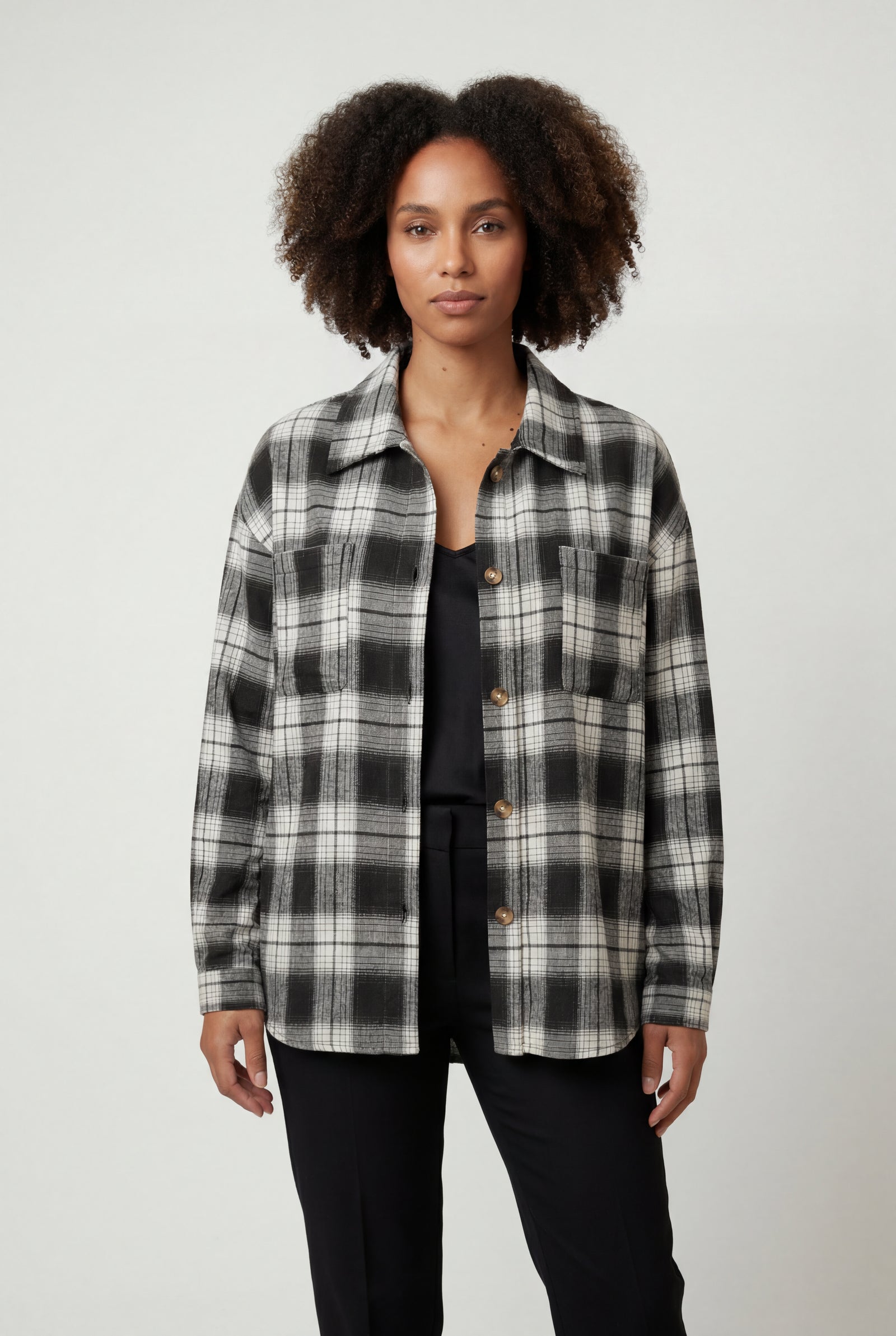 Black Relaxed Fit Checked Long Sleeve Shirt with Classic Collar - Checked shirts - Photo 7