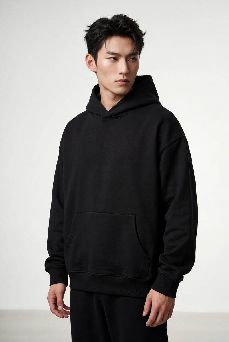 Black Relaxed Fit Pullover Hoodie with Kangaroo Pocket - Hoodies - Photo 4
