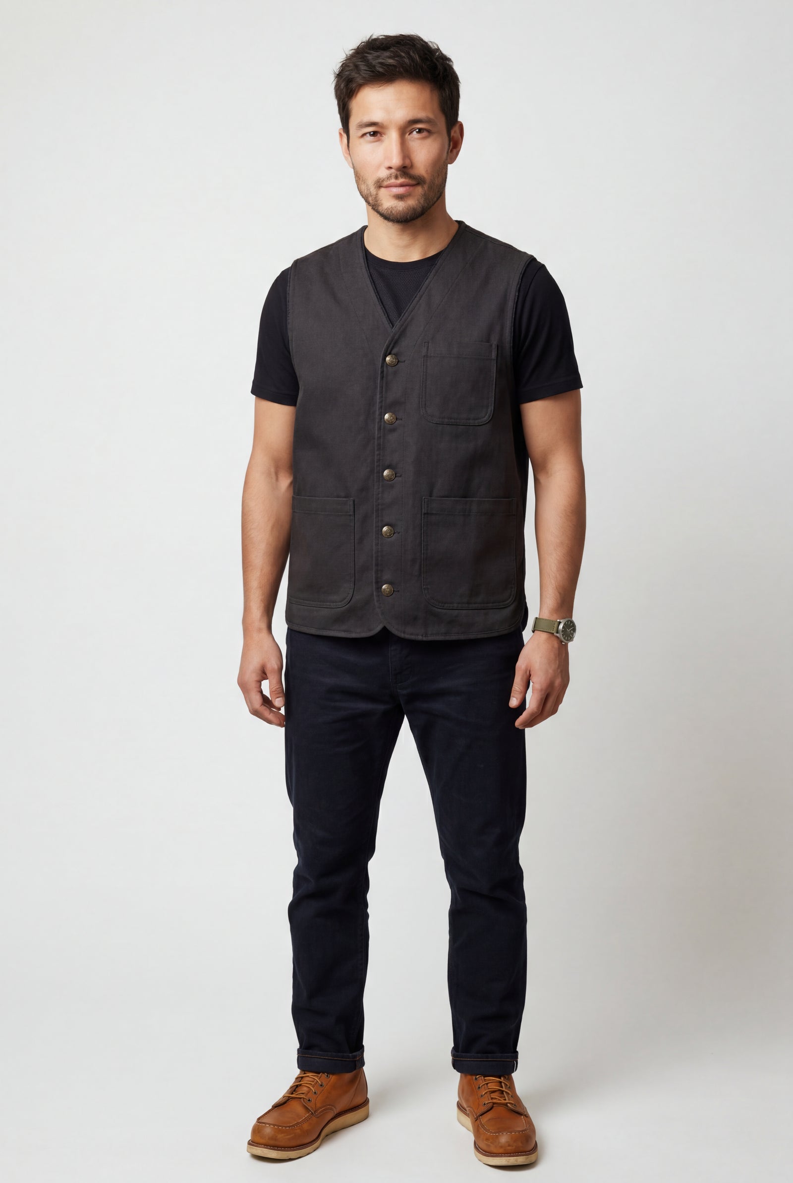 Black Relaxed Fit Utility Vest with Functional Pockets - Cotton vests - Photo 1