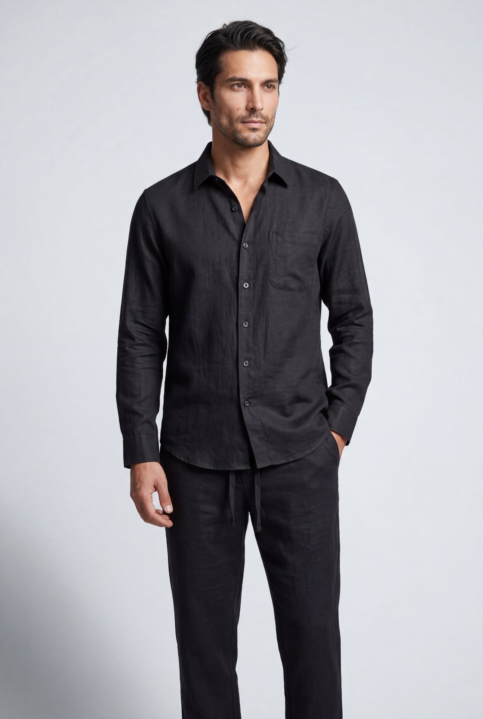 Black Relaxed Long-sleeve Shirt and Drawstring Pants Set - Photo 1