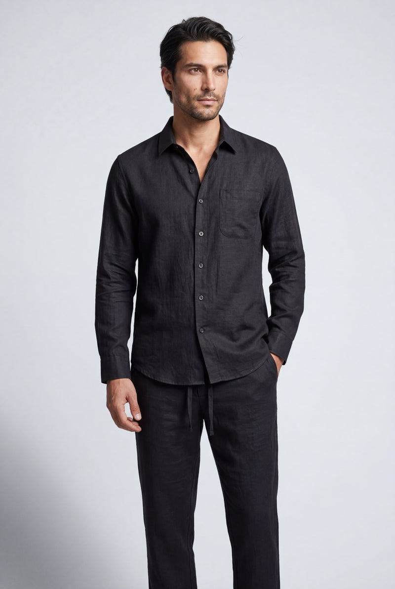 Black Relaxed Long-sleeve Shirt and Drawstring Pants Set - Photo 1