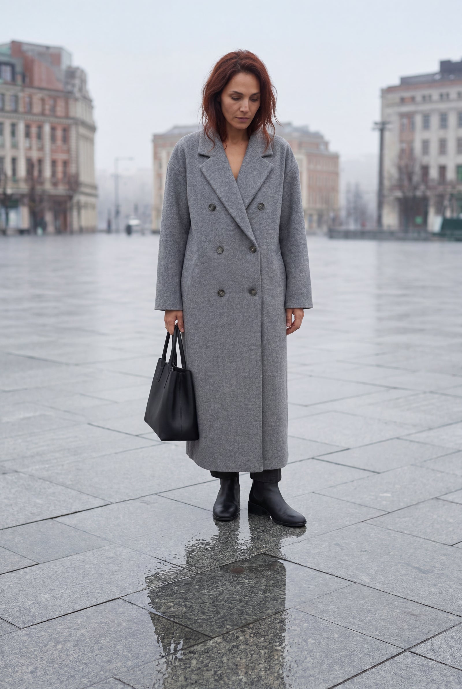 Gray Relaxed Straight Double-breasted Long Winter Coat - Long wool coats - Photo 16