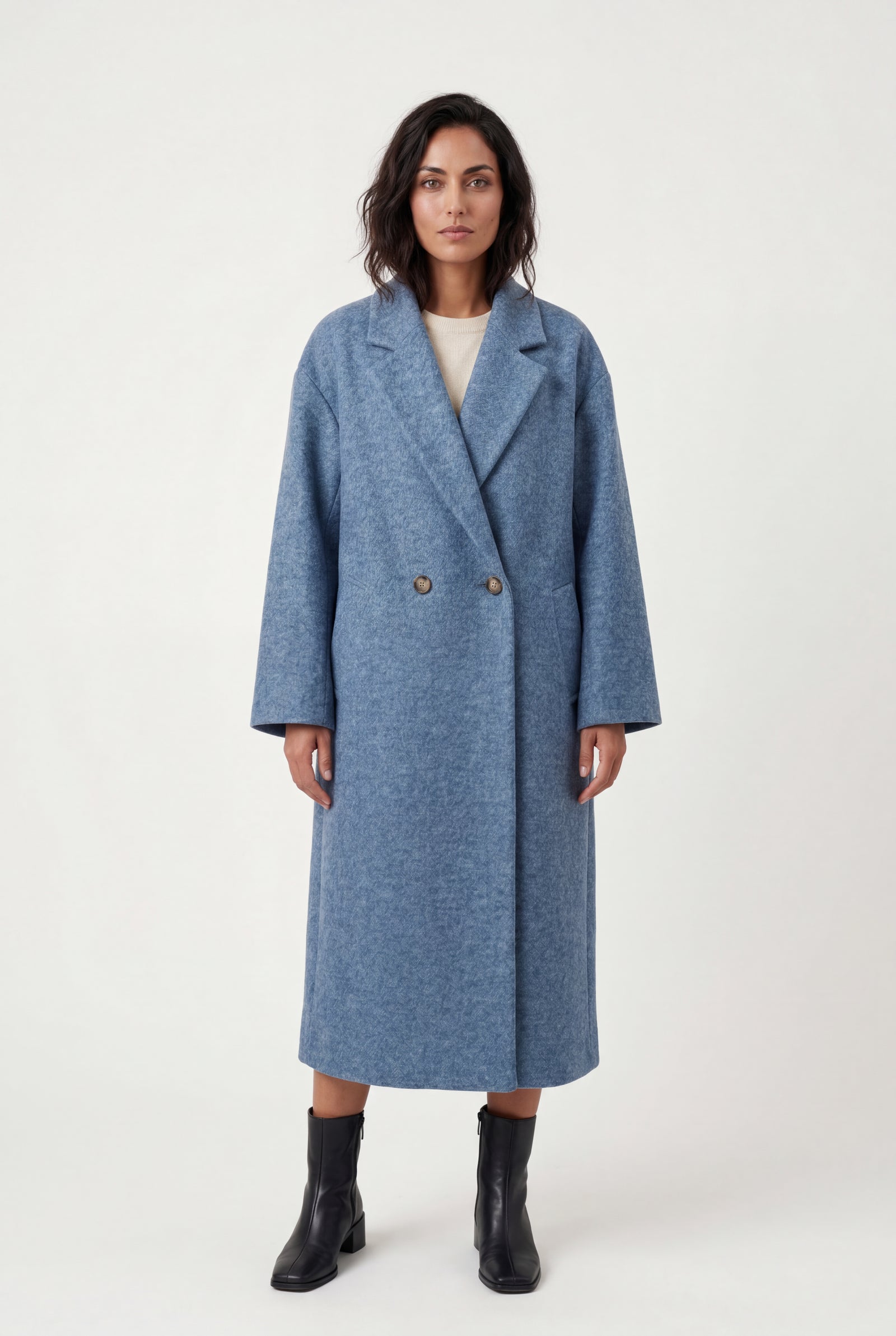 Blue Relaxed Straight Double-breasted Long Winter Coat - Long wool coats - Photo 2