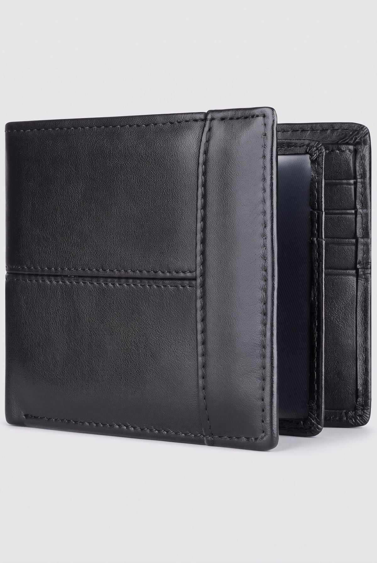 RFID-Blocking Leather Bifold Wallet in Black — studio front