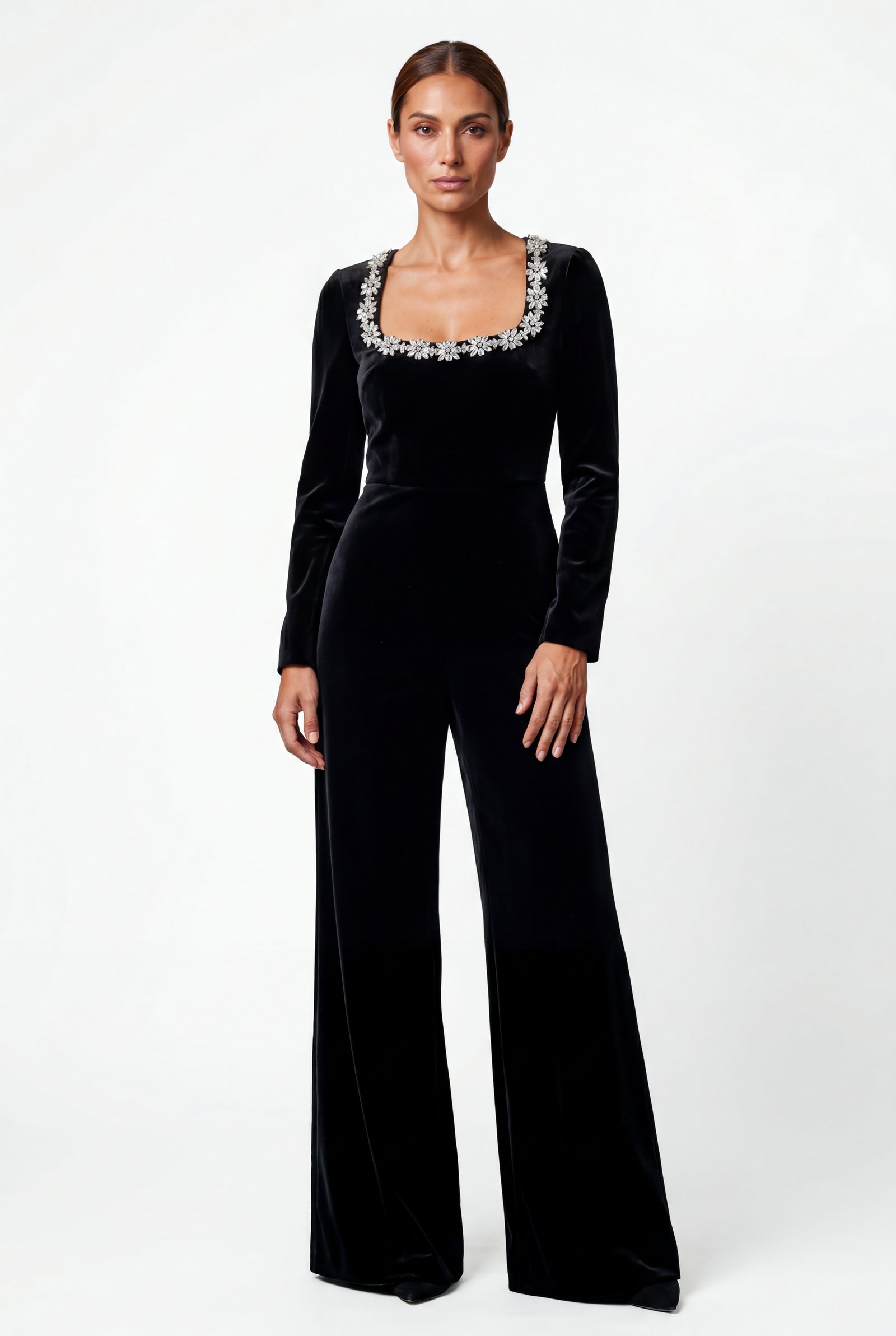 Black Rhinestone Flared Leg Black Evening Jumpsuit - Photo 1