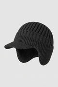 Rib Knit Earflap Beanie in Black — studio front