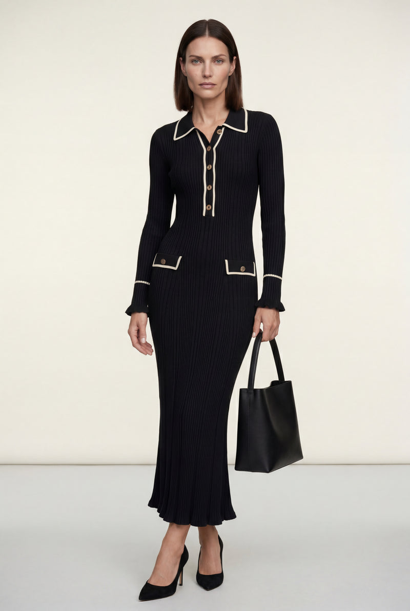 Black Ribbed Collared Maxi Dress with Contrast Trim - Photo 4