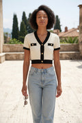 White Ribbed Contrast-trim Cropped Cardigan Top - Cropped tops - Photo 10