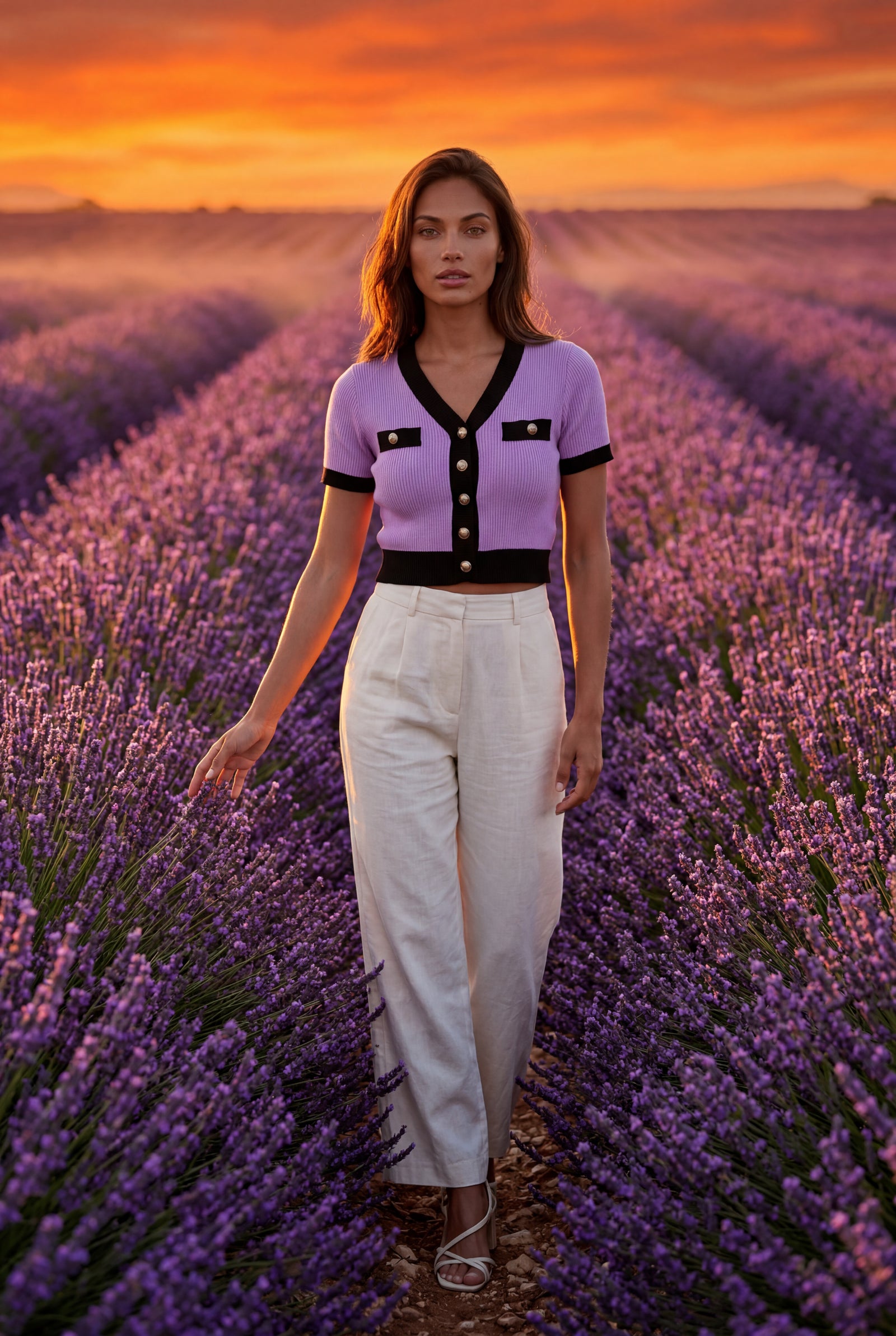 Purple Ribbed Contrast-trim Cropped Cardigan Top - Cropped tops - Photo 15