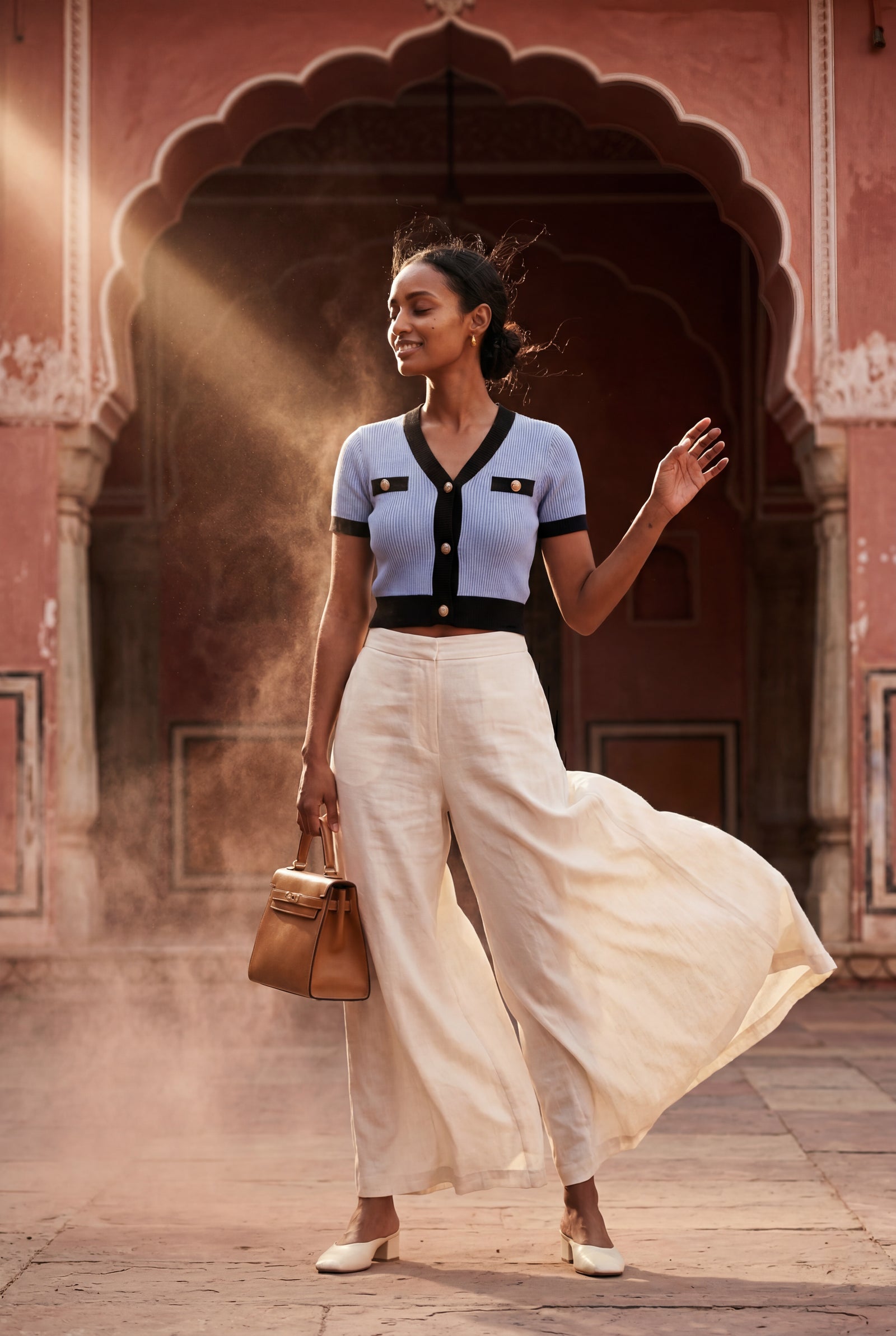 Blue Ribbed Contrast-trim Cropped Cardigan Top - Cropped tops - Photo 16