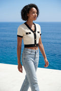 White Ribbed Contrast-trim Cropped Cardigan Top - Cropped tops - Photo 7