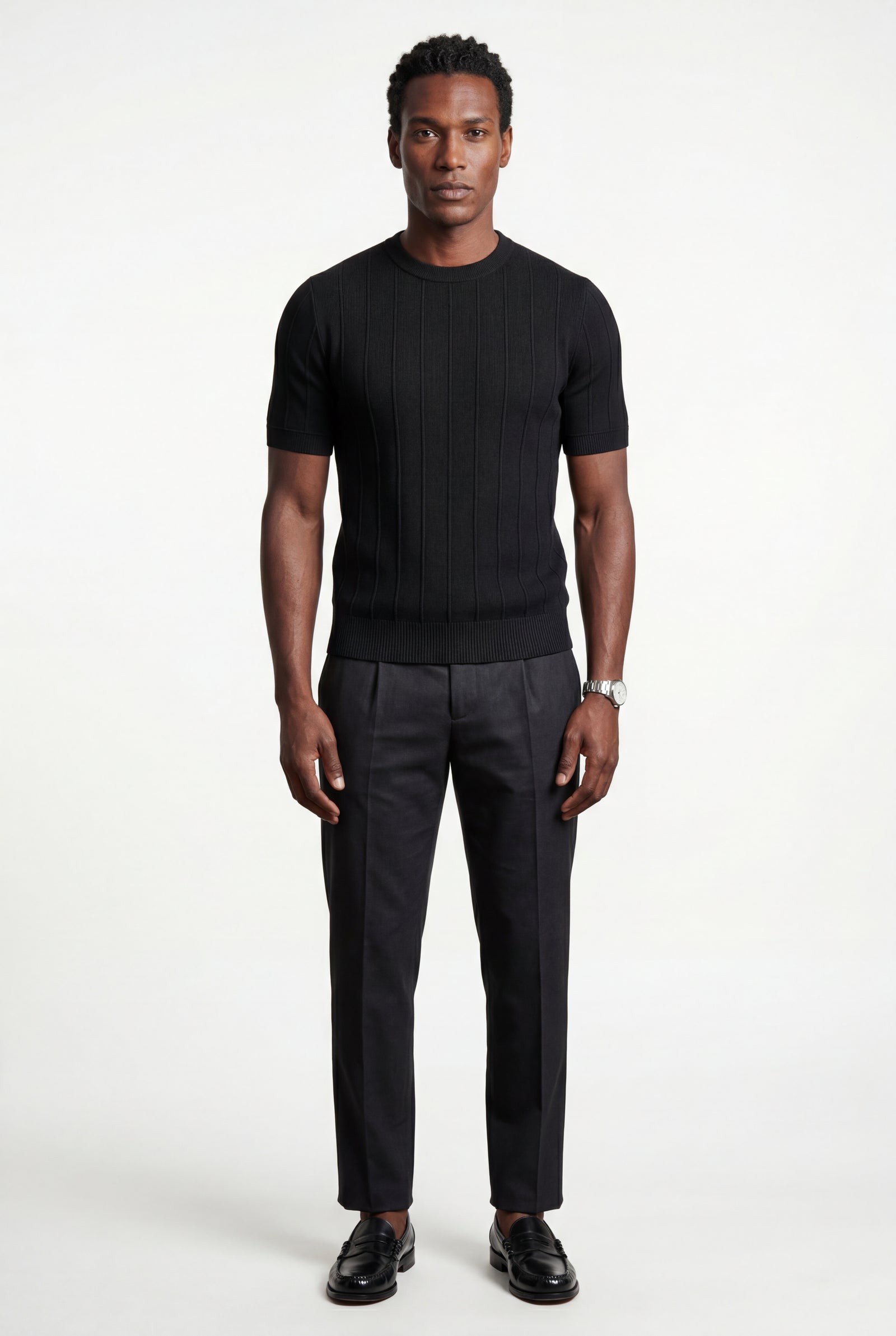 Black Ribbed Crew Neck Short Sleeve Sweater T-shirt - Short sleeve t-shirt - Photo 7